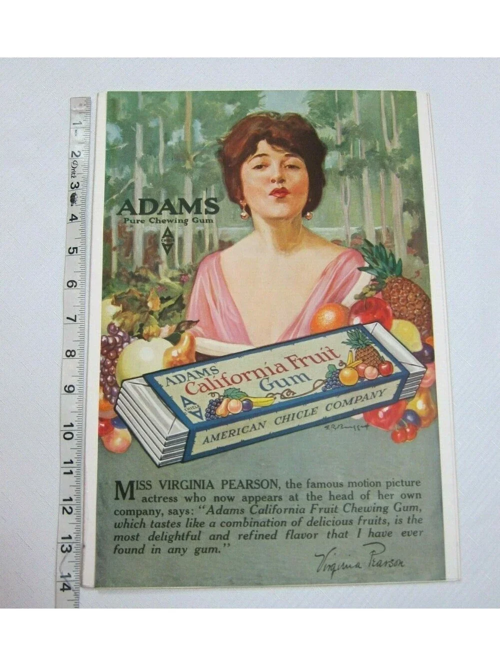 Antique 1919 Adams California Fruit Gum Ad Movie Star Virginia Pearson 14 x 9.5